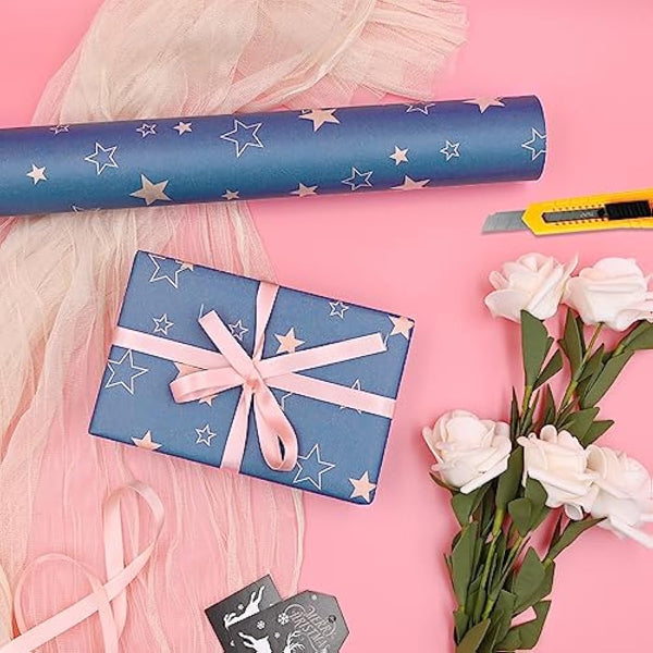 43cm*15m Blue Birthday Wrapping Paper Roll,Topeedy Gift Wrap Paper with Star for Birthday Father's Day Xmas Present-Star