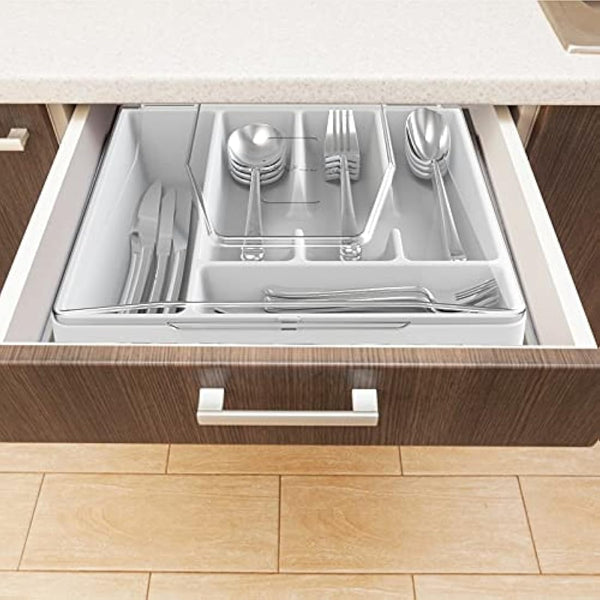 Double Layer Flatware Organizer with Lid, Cutlery Tray for Countertop Silverware Tray for Kitchen Drawers with 2 Tier Utensil Holder and 9 Compartments Silverware Storage Bin (White)