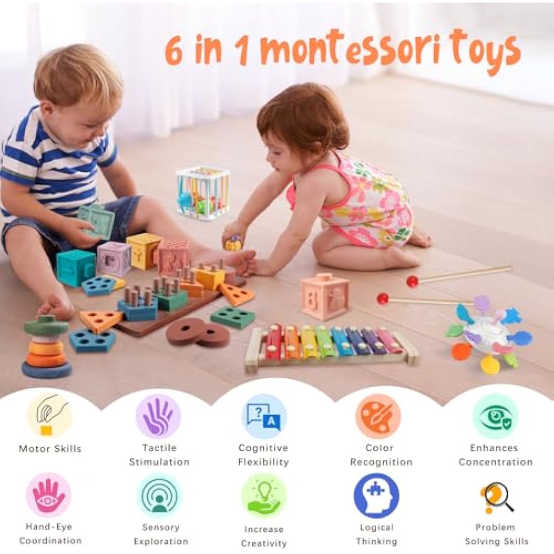 Aliex 6 in 1 Montessori Toys for Babies 12 Months, Baby Toys Stacking Rings Blocks Wooden Shape Sorter Activity Cube Xylophone Gifts for Baby Boys Girls