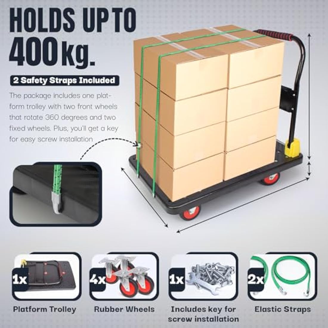 400kg capacity Platform Truck Heavy Duty Trolley with 2 bungee cords with hooks Multipurpose Utility Trolley - Versatile Folding