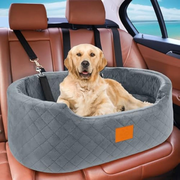 Dog Car Seat for Large/Medium Dogs Under 55 lbs, Travel Bed with thick Washable Booster Pet Car Seat with Non-Slip Base, Fits SUV & Car Back Seat (Gray)