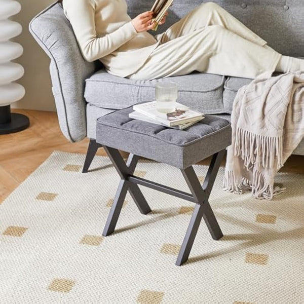 IBUYKE Square Makeup Stool with X-Leg Foot Rest, Linen Footrest Stool, Ottoman Seat Vanity Stool, Multi-Use as Small Side Table, for Bedroom, Living Room, Dark Gray L/G-70G