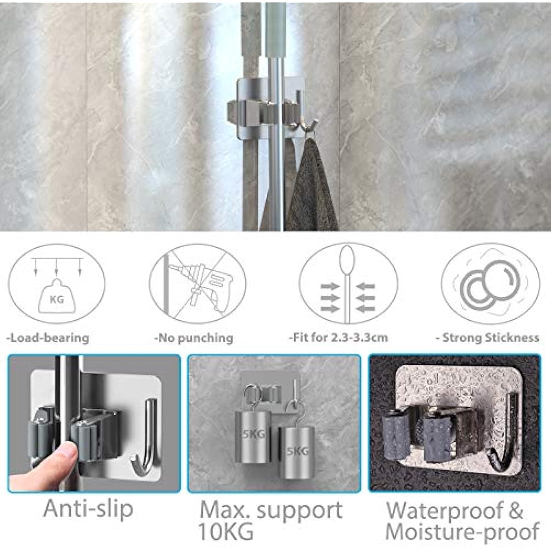 homeasy Mop Broom Holder, 4 Pcs Stainless Steel Self Adhesive Mop Holder Wall Mounted with Hooks Hanger Self-Adhesive Broom Holder for Bathroom, Kitchen, Office, Closet, Garden Garage(Silver)