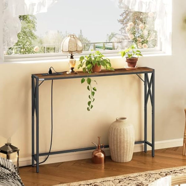 MAHANCRIS Console Table with Charging Station, 100 CM Narrow Sofa Table, Long Entryway Table, Hallway Table with USB Ports, Behind Couch Table with Power Outlets, Rustic Brown ACTHR151KE01N1