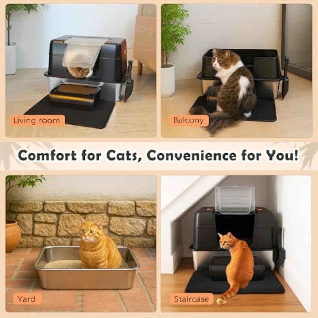 Vivifying Stainless Steel Cat Litter Tray, High-Sided, Removable and Metal Leak-Proof Enclosed Stainless Steel Cat Litter Box with Lid with Scoop, Steps and Mat (Black)