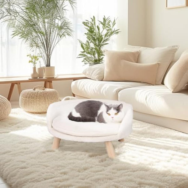 BingoPaw Cat Sofa Chair Bed: Elevated Nordic Pet Stool Bed with Removable Waterproof Mat - Raised Plush Fur Dog Kitten Couch with Wooden Legs Frame (Dia 40cm)
