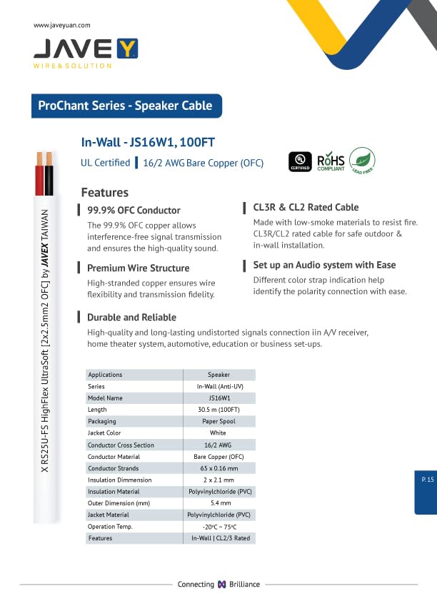 JAVEX OFC Speaker Wire [2x1,31mm2] UL-CL3 certificed for UV-Resistance [Oxygen-Free Copper 99.9%] for Theater and Audio Systems Installation, White, 30,5M