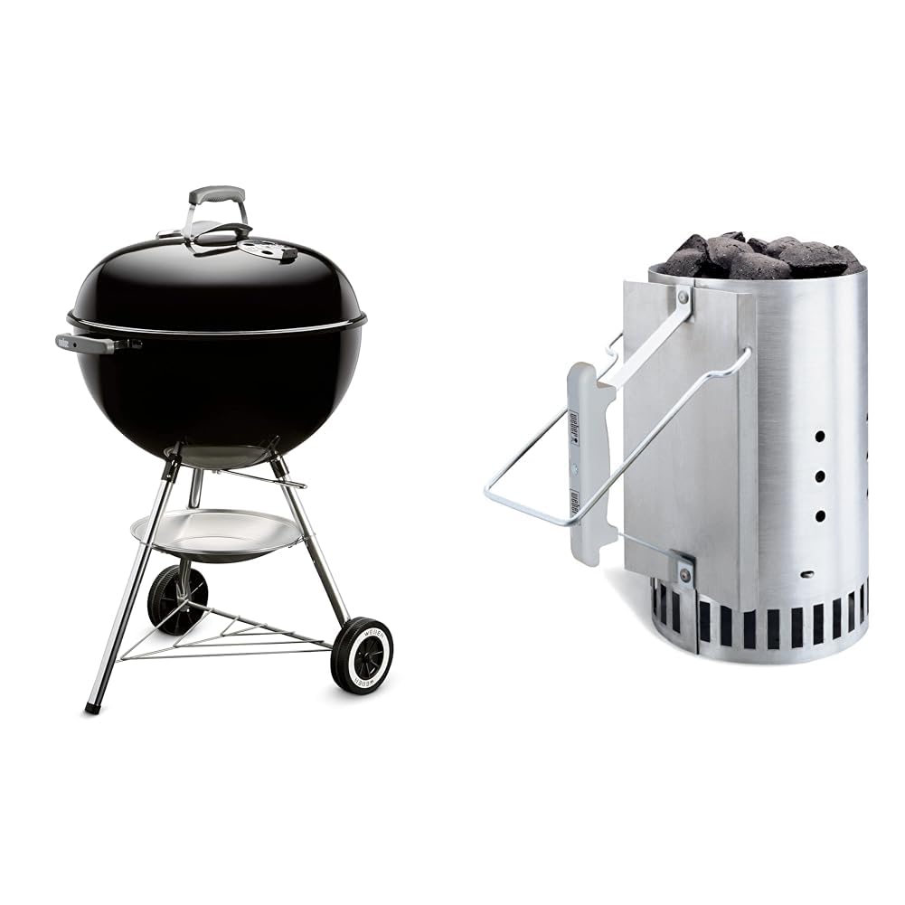 Weber Classic Kettle Charcoal Grill, Ø 57cm Grill Area, BBQ Grill with Porcelain-Enamelled Lid & Bowl, Lid Thermometer, Tripod Stand & Wheels, Chromed Grill Grate - Black (1341504)