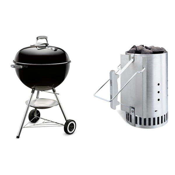 Weber Classic Kettle Charcoal Grill, Ø 57cm Grill Area, BBQ Grill with Porcelain-Enamelled Lid & Bowl, Lid Thermometer, Tripod Stand & Wheels, Chromed Grill Grate - Black (1341504)