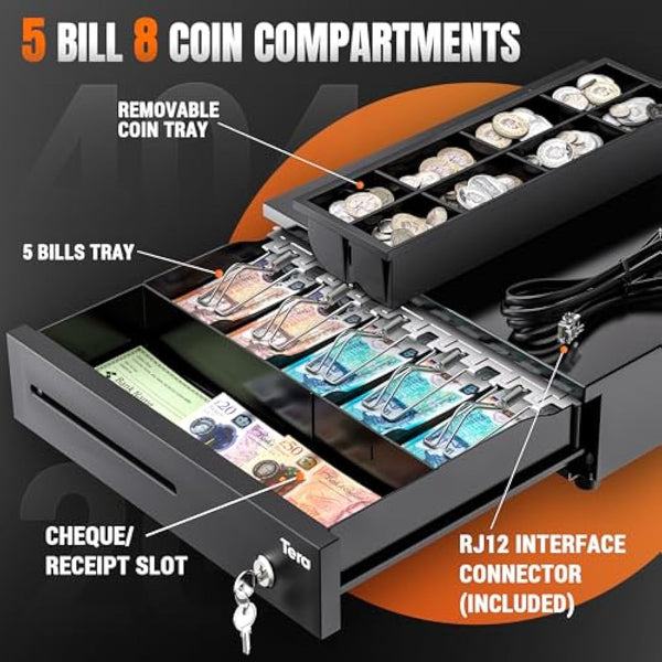 Tera 16" Cash Register Drawer Auto Open with 5 Bill 8 Coin Cash Tray 6 Keys Removable Coin Compartment Key-Lock 24V RJ12 Interface Media Slot for Point of Sale POS System Shop Business 4042G