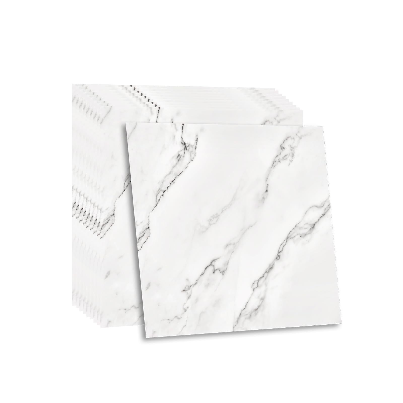 Fantasnight Marble Stick on Tiles 30 x 30cm 50Pcs White Tile Stickers Self Adhesive Wall Tiles PET Peel and Stick Wall Glossy Stickers for Kitchen