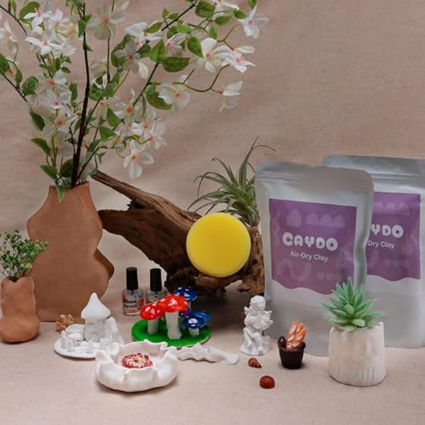 Caydo 2KG Air Dry Clay Pottery Kit for Beginners and Adults - DIY Craft Set with 5 Pottery Template Kit, Tools, Acrylic Paints, Varnish and Step-by-Step Guide - Ideal for Ceramic Kit and Gift