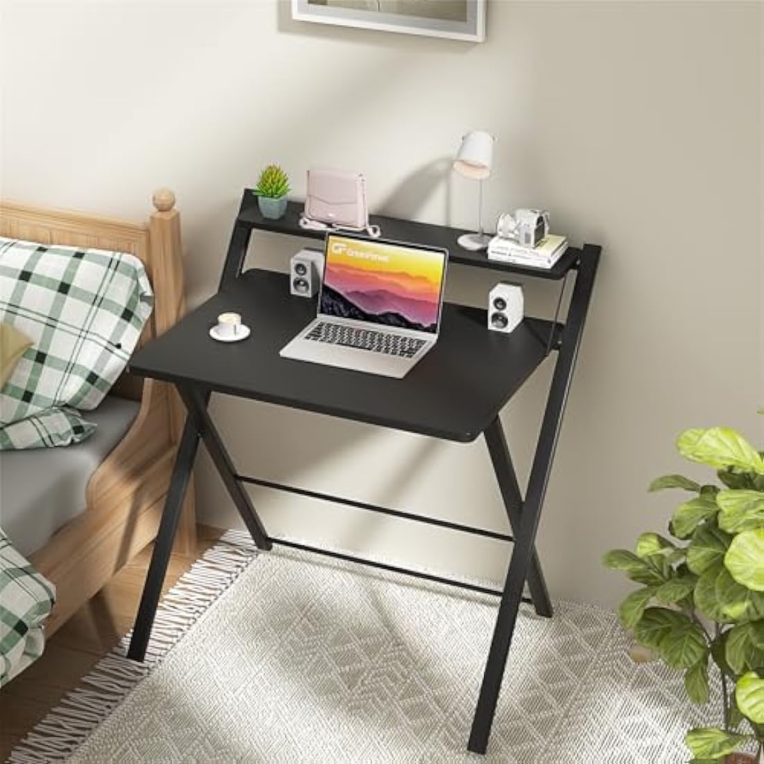 GreenForest Folding Desk No Assembly Required,Computer Desk with Monitor Shelf,Small Desk for Small Space,Black