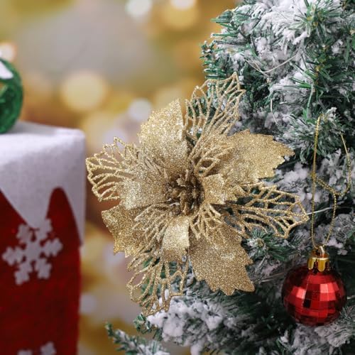 12pcs Glitter Poinsettia Christmas Artificial Flowers Christmas Tree Floral Ornaments Decorations Xmas Tree Pendant Christmas Wreath Filler (Golden)