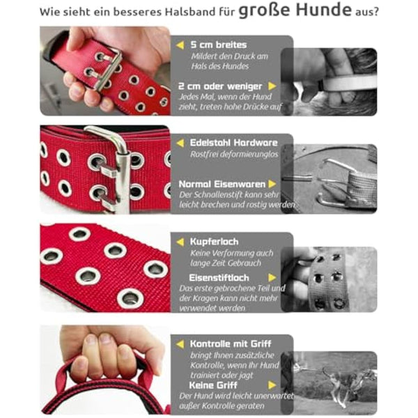 HQSHNY Dog Collar for Large Dogs - 5 cm Wide, Sturdy Design with Handle for Extra Large Dog Breeds, Soft Padded Neoprene Nylon, Red, 43-56 cm