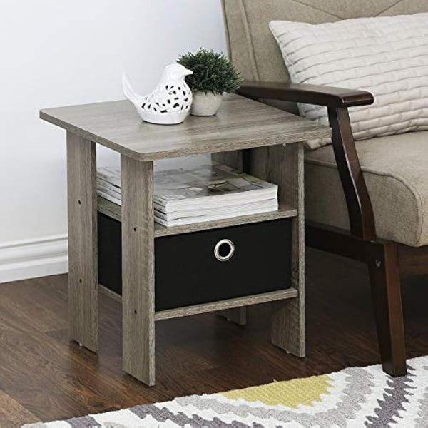 Furinno Andrey Side Table, Nightstand with Bin Drawer, French Oak/Black, Set of 2