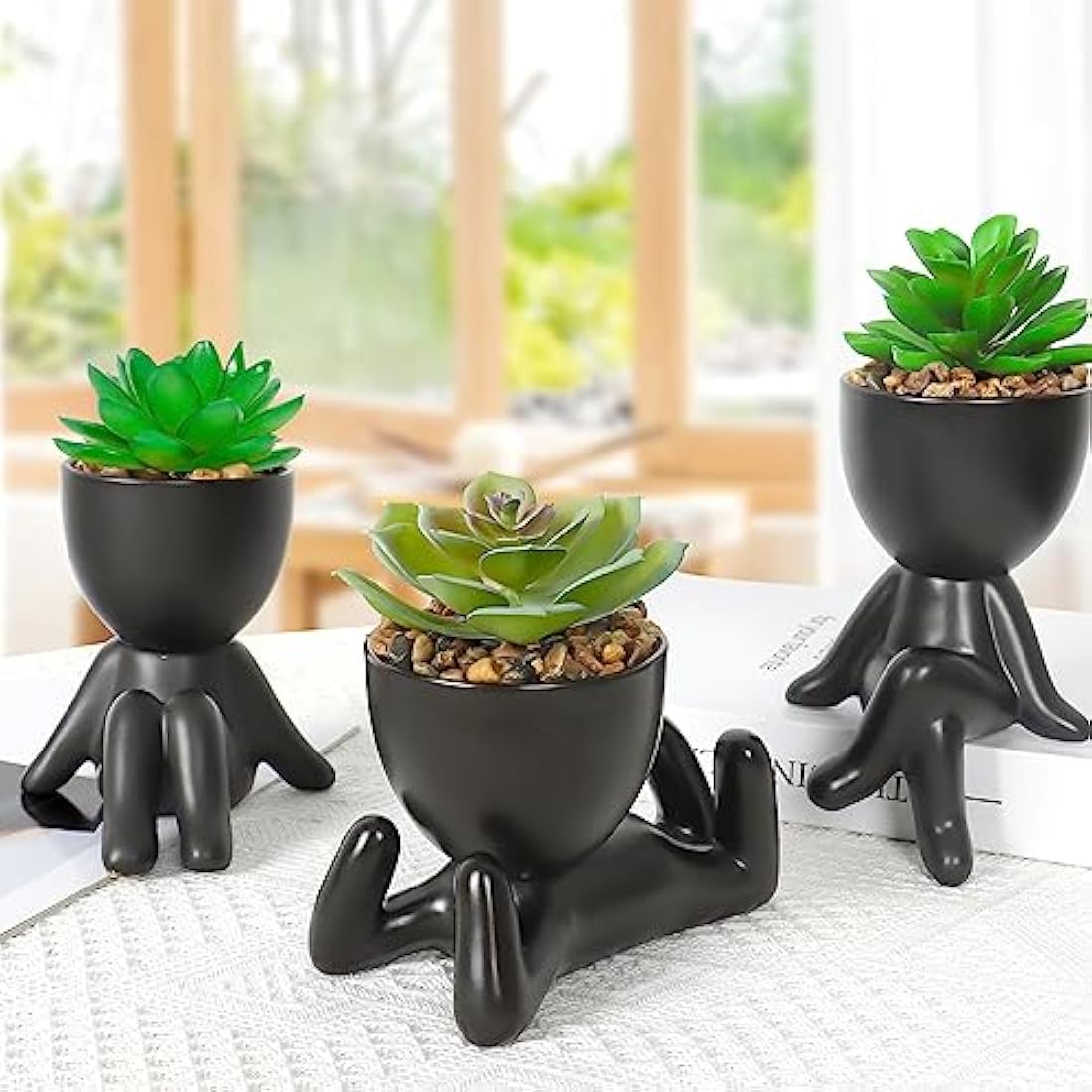 Dremisland Fake Succulents Plants Set of 3 Black Porcelain Pots with Small Artificial Plants Human Shaped Ceramic Pots Cute Faux Plant for Indoors Office Desk Shelf Decorations