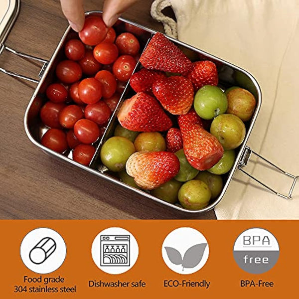 nicelock Stainless Steel Lunch Box Large, 2 Tier (760ml+1200ml) Metal Bento Box Leak-Proof Sandwich Salad Food Storage Container with Adjustable Compartment, Folding Cutlery Set for Adult Women Men