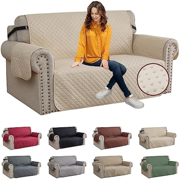 XINEAG Quilted Sofa Covers 2 Seater, Water Resistant Loveseat Covers Sofa Slipcovers with Pockets, Non Slip Sofa Cover for Dogs Pets, Washable Furniture Protector with Elastic Strap (Loveseat, Beige)