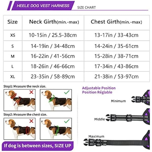 HEELE No Pull Dog Harness, Ex-Large, Release on Neck, Reflective, Adjustable with Front Back 2 Leash Attachments and Soft Padded Control Handle for Walking Training, Purple, XL