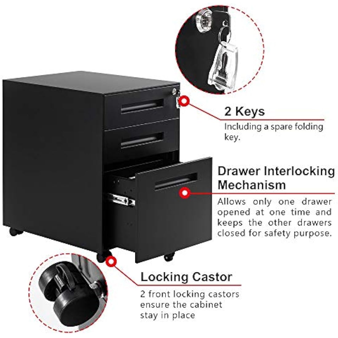 3 Drawer Mobile File Cabinet Filing Pedestal with Keys, Fully Assembled Except Casters,Metal Solid-Black