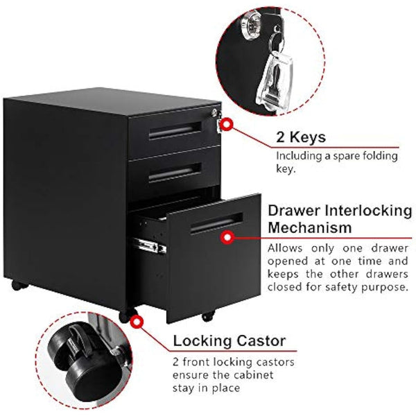 3 Drawer Mobile File Cabinet Filing Pedestal with Keys, Fully Assembled Except Casters,Metal Solid-Black