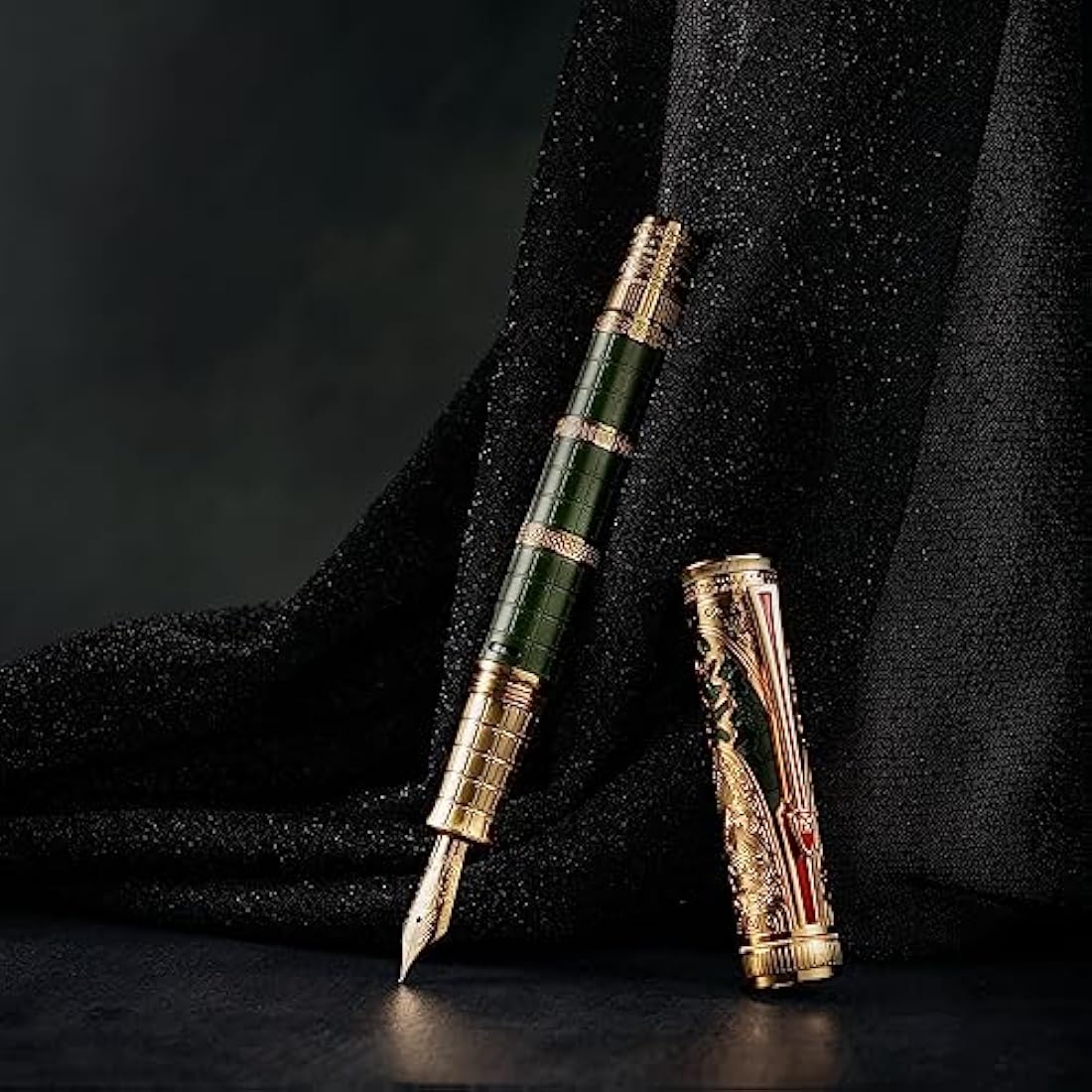 Hongdian D5 Qin Dynasty Fountain Pen Green Gold, Fine Nib Piston Filling Pen with Box Set