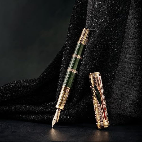 Hongdian D5 Qin Dynasty Fountain Pen Green Gold, Fine Nib Piston Filling Pen with Box Set