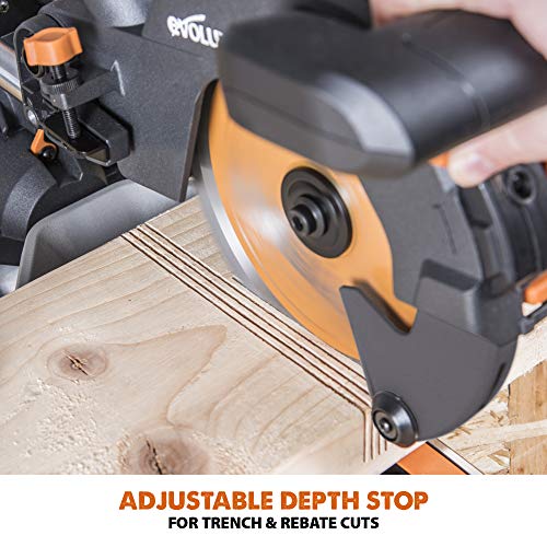 Evolution Power Tools R210SMS+ Sliding Mitre Saw With Multi-Material Cutting, Cuts Wood, Metal, Plastic & More, 45° Bevel, 50° Mitre, 230mm Slide, 1500 W (230 V)