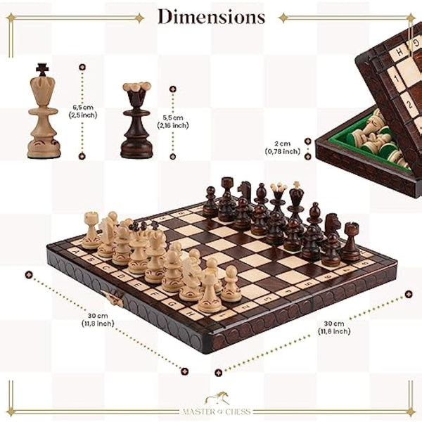 Master of Chess Wooden Chess Set with Pieces “PEARL” 30 cm / 12 in - Handcrafted Small Portable Chess Board Game for Adults and Kids - Solid Construction