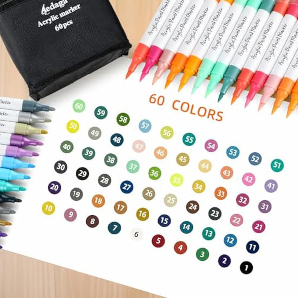 60 Colours Numbered Acrylic Paint Pens with Free App, Dual Tip Acrylic Paint Markers with Brush Tip and Fine Tip for Adults, Kids, Eggs, Wood, Rock, Canvas, Plastic, Stone, Glass, Ceramic