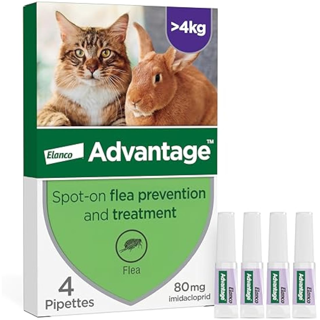 Advantage Spot On Flea Treatment For Large Cats and Rabbits Over 4kg (4 pipettes, 80mg), Kills Fleas Within 24 Hours, Prevents Further Infestation For Up To Four Weeks in Cats