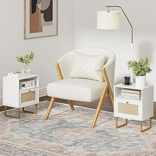 HEYZOEY Rattan Bedside Table,Modern Boho Farmhouse Wood Nightstand with Storage Drawer and Open Shelf,Small Gold Frame Side Table for Bedroom,Living Room,Office(White)