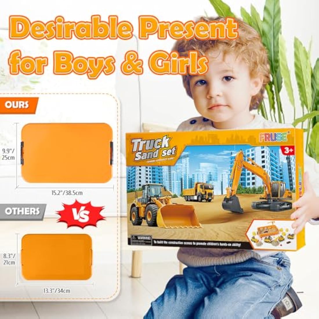 FRUSE Play Construction Sand Kit,Sand Box Toys Set with Play Sand,4 Take Apart Construction Trucks,4 Castle Molds,Sandbox with Lid,Sensory Toys for Kids Boys Girls Age 3-8