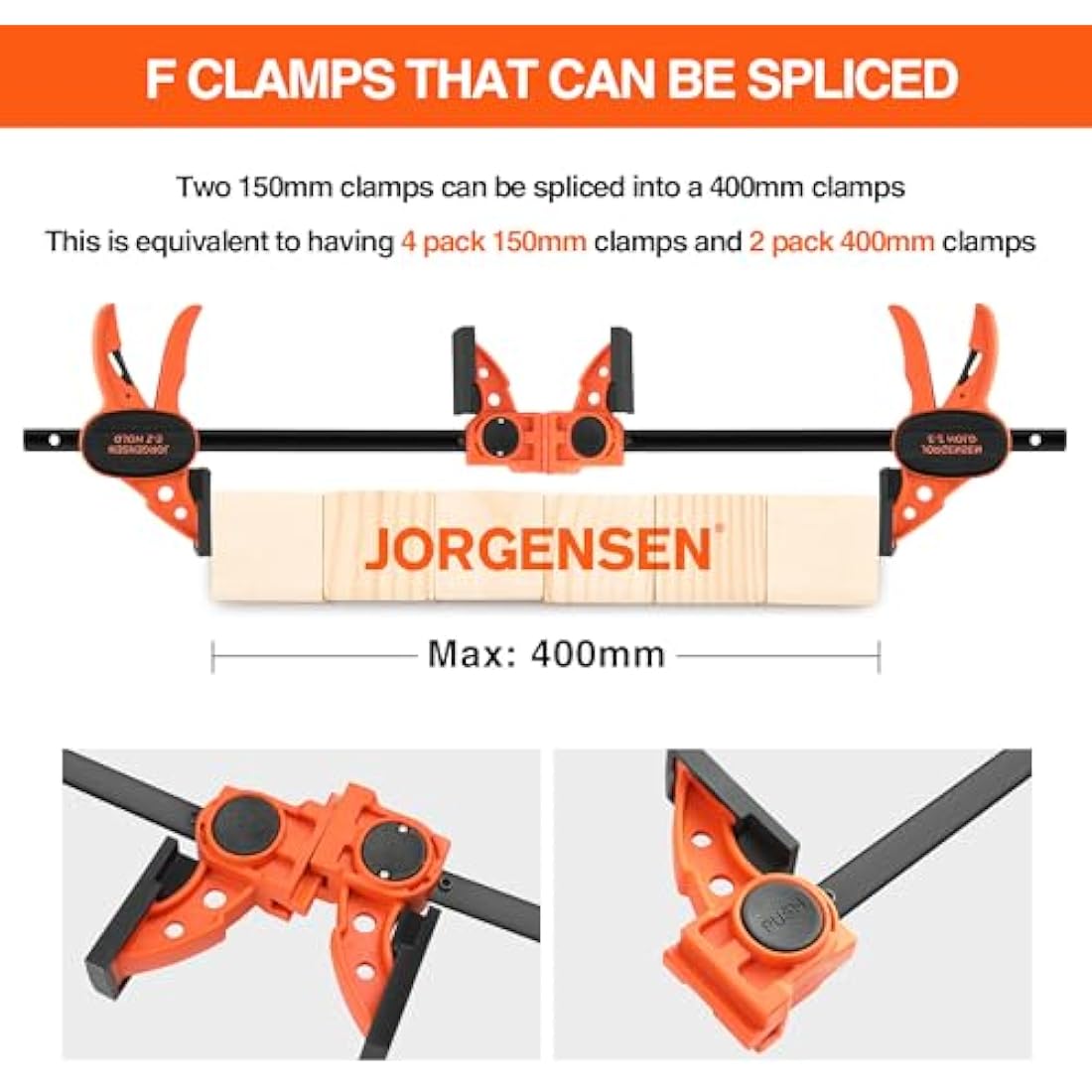 JORGENSEN 150 mm Woodworking Clamps 4-Pack, Splicable to 400 mm Ratchet Bar Clamps, Quick Release Clamp Set, 290 mm Spreader, One Handed Wood Clamp, Max 68 kg Load Limit