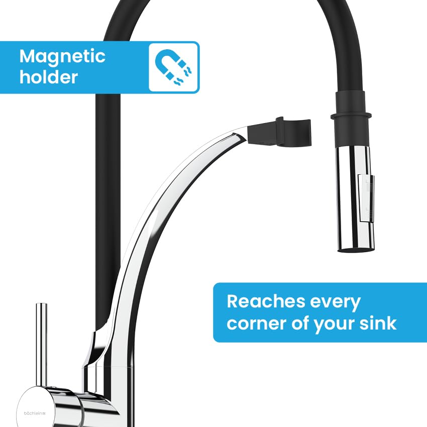 Bächlein Kitchen Faucet 360 Degree Swivel (Brushed Stainless Steel) - One-Hand Sink Mixer with Flexible Neck and Shower with Switch Button, Kitchen Faucet with Magnetic Holder