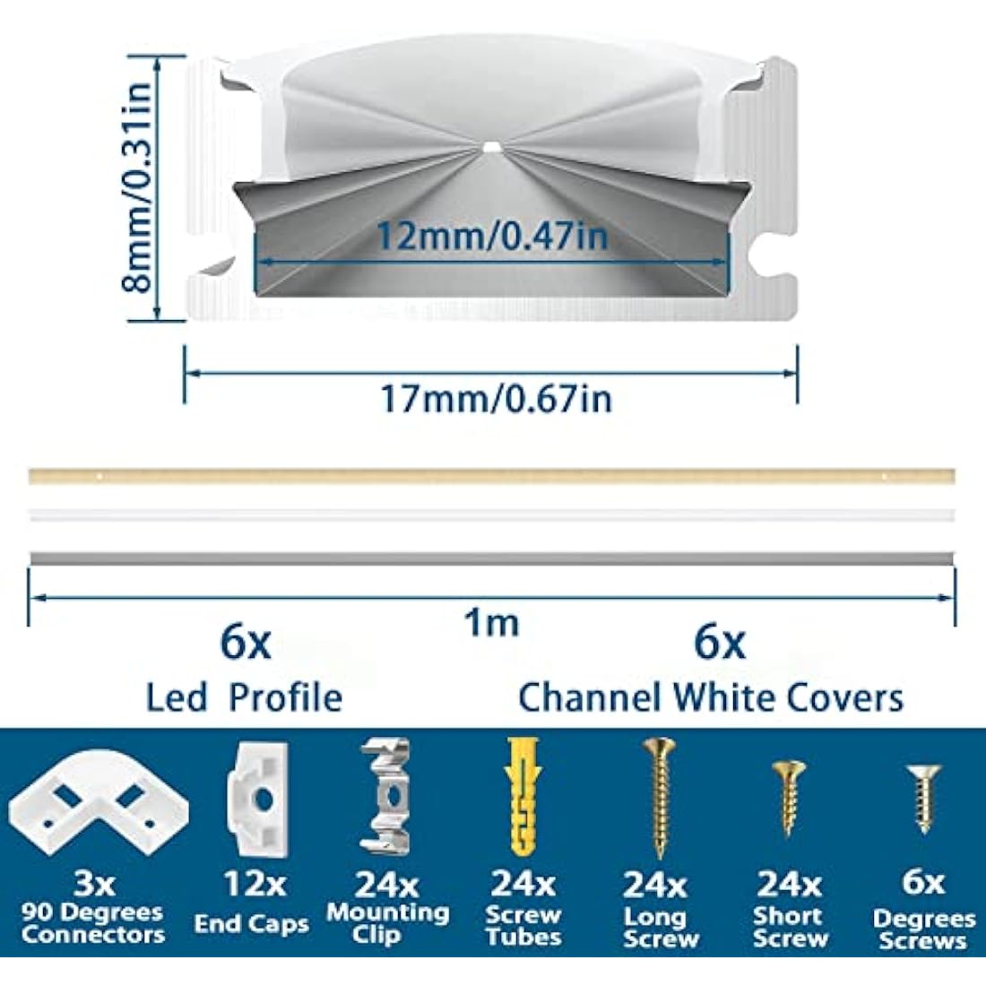 6 Pack Led Aluminum Profile, 1Meter/3.3ft U-Shape Led Aluminum Channel, Led Profile with Milky White Cover. LED Channels and LED Diffusers with End Caps, Mounting Clips and Corner Connectors