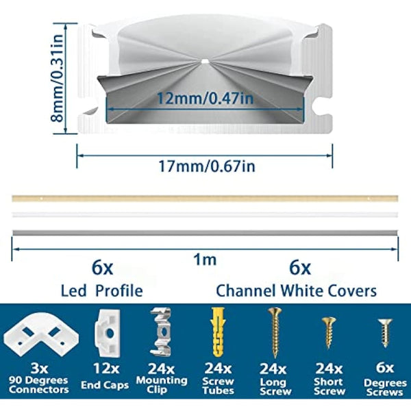 6 Pack Led Aluminum Profile, 1Meter/3.3ft U-Shape Led Aluminum Channel, Led Profile with Milky White Cover. LED Channels and LED Diffusers with End Caps, Mounting Clips and Corner Connectors