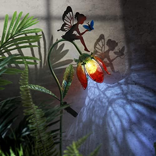 TERESA'S COLLECTIONS Large Garden Ornaments Outdoor, Gifts for Women, Lovely Sitting Fairy & Flower Solar Garden Light, Glass Fairy & Tulip Solar Light Decoration for Lawn Yard, 42inch