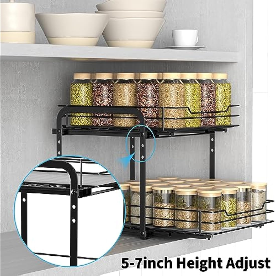 AIRUJIA Pull Out Cabinet Organizer - Height Adjustable 2-Tier Spice Rack, Heavy Duty Metal, Kitchen Storage Shelf - L10.4*W9*H9inch