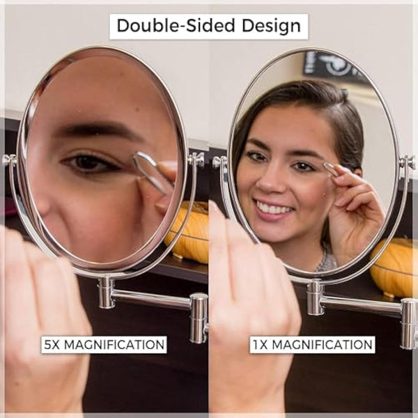 Extending Wall Mounted Bathroom Mirror for Shaving and Makeup - Double Sided 5X / 1X Magnification with 360° Rotation - 33cm Extendable Swivel Arm, Oval 17x22cm (Polished Chrome)