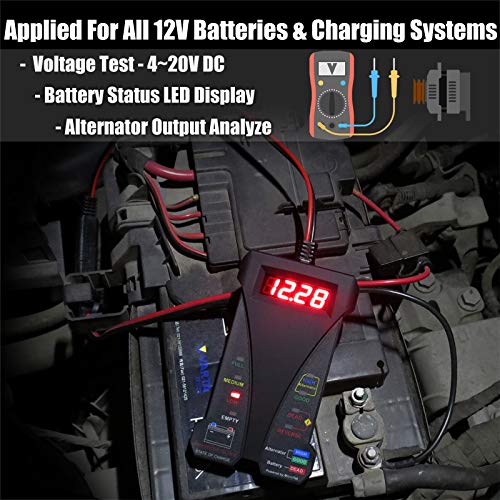MOTOPOWER 12V Digital Battery Tester Voltmeter and Alternator Charging System Analyzer with LCD Display and LED Indication, Black Rubber Paint