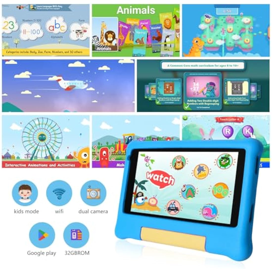 Ainmel Kids Tablet 7 inch, Android 13 Tablets for Kid, 5GB RAM+32GB ROM 128GB Expand, Parental Control, Kiddos Software Pre-Installed, Dual Camera, Android Learning Tablet with Proof Case (Blue)