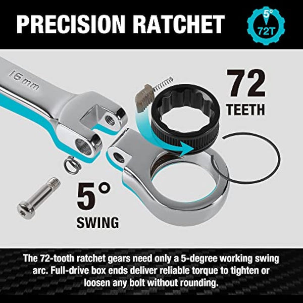 DURATECH Flex-Head Ratchet Spanner Set, 12-Piece Combination Wrench Set with 72 Tooth Ratchet Gear, Chrome Vanadium Steel, Metric, 8-19mm