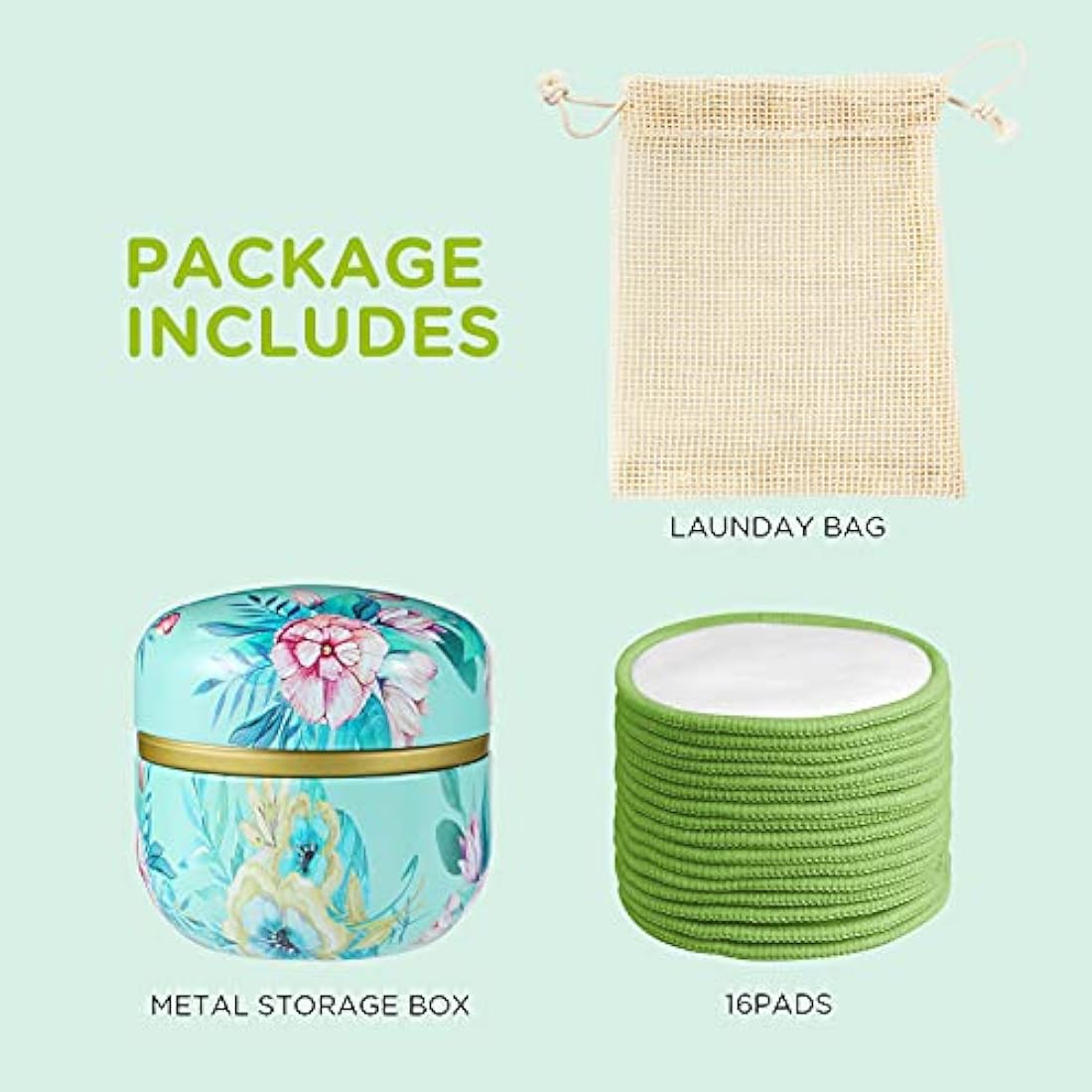 16Pcs Reusable Face Makeup Remover Pads 100% Organic Cotton Pads Cleaning Face Wipes Cloth Washable Face Round Cotton with Laundry Net Bag and Fashionable Metal Box Suit for Adults and Kids
