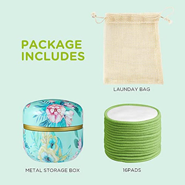 16Pcs Reusable Face Makeup Remover Pads 100% Organic Cotton Pads Cleaning Face Wipes Cloth Washable Face Round Cotton with Laundry Net Bag and Fashionable Metal Box Suit for Adults and Kids