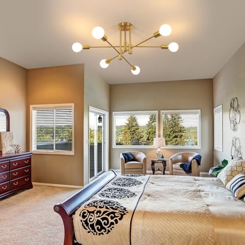 Dorlink Sputnik Ceiling Light, 6-Light Gold Adjustable Modern Ceiling Lamp, E27 Mid Century Metal Light Fittings Ceilings for Living Room, Dining Room, Kitchen, Bedroom (Electroplated Gold)