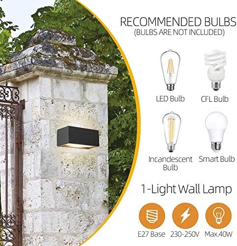 HLFVLITE Outdoor Wall Light, Max 40W E27 Aluminum Light Exterior Sconce, Waterproof Garden Lantern, Anthracite Grey