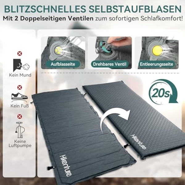 HIKENTURE Self-Inflating Sleeping Mat, 5 cm Thick Foam Camping Mattress, Self-Inflating Air Mattress, Comfortable Sleeping Mat for Camping, Outdoor, Hiking, Travel, Tent (Dark Grey A3)