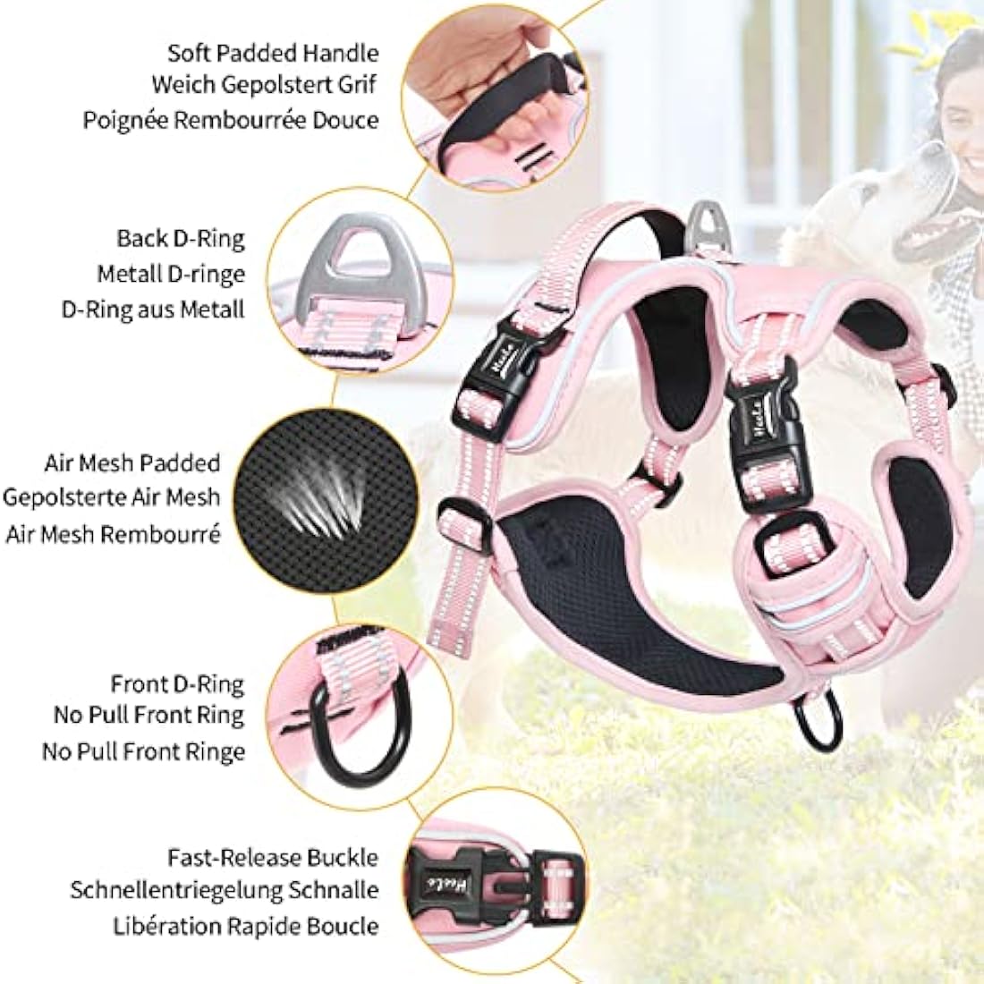 HEELE Dog Harness, No Pull Dog Harness Small, Release on Neck, Reflective Adjustable with Front Back 2 Leash Attachments and Soft Padded Control Handle for Walking Training, Light Pink, S